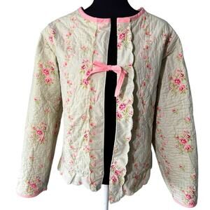 Handmade Quilted Jacket Upcycled Size M/L Repurposed Green Pink Floral Coquette